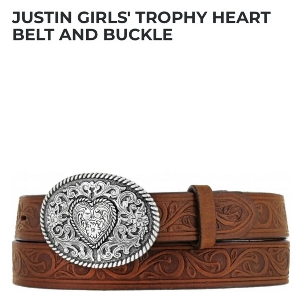 Justin Child’s Tropy Heart Leather Tooled Belt with Buckle (SM)